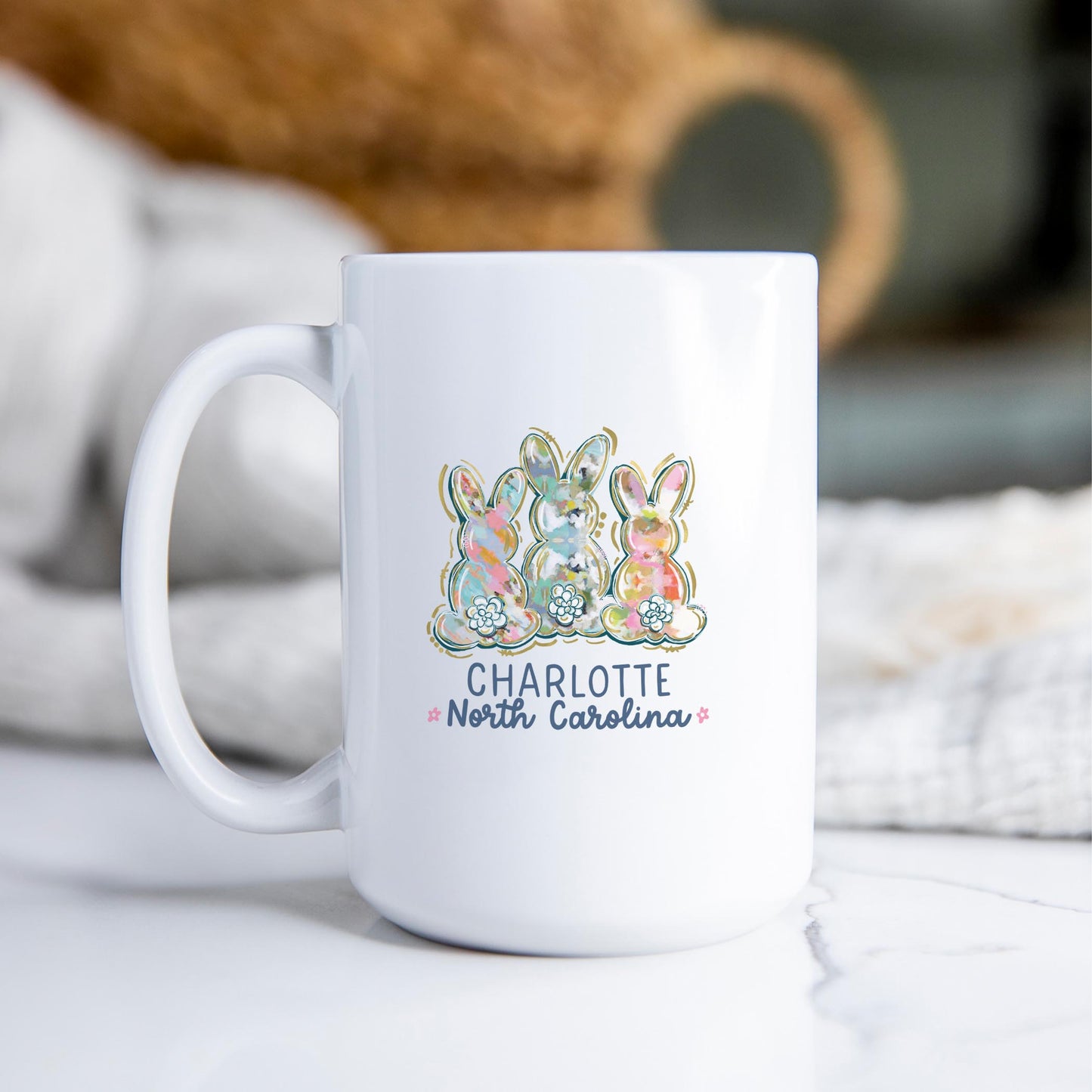 15oz Coffee Mug White-Love+Local Watercolor Easter Bunny Trio -2