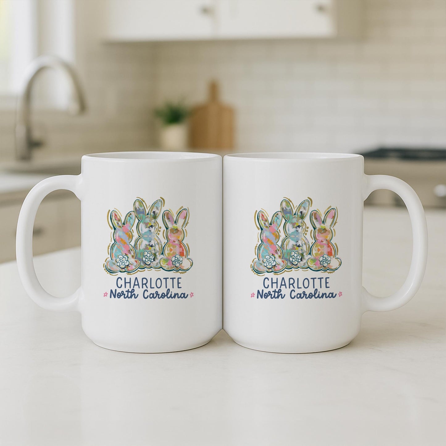15oz Coffee Mug White-Love+Local Watercolor Easter Bunny Trio -3