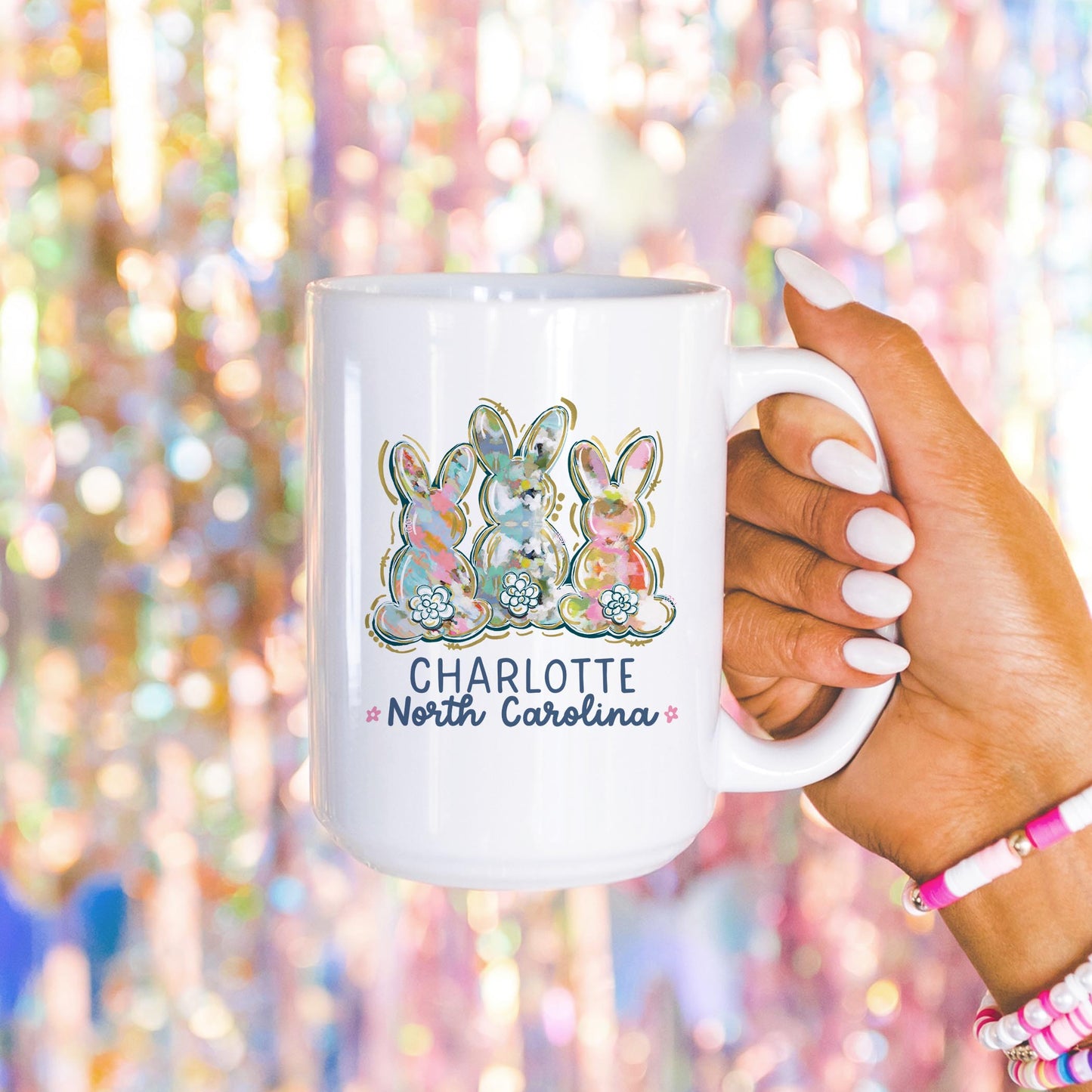 15oz Coffee Mug White-Love+Local Watercolor Easter Bunny Trio -4
