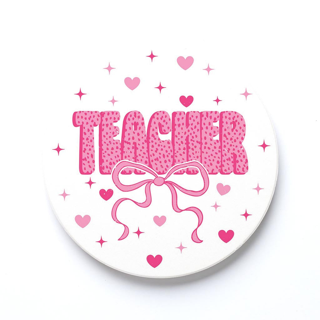 Ceramic Round Coaster-Classroom Coquette Teacher Hearts & Bow -0