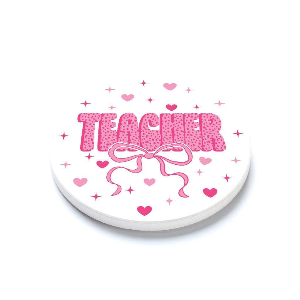 Ceramic Round Coaster-Classroom Coquette Teacher Hearts & Bow -1