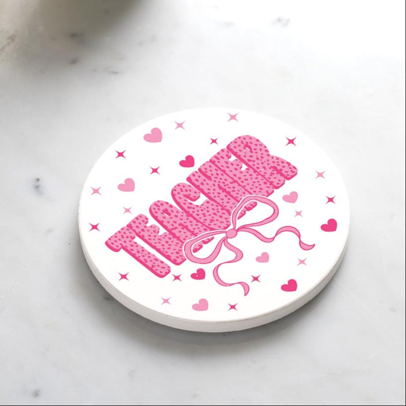 Ceramic Round Coaster-Classroom Coquette Teacher Hearts & Bow -4