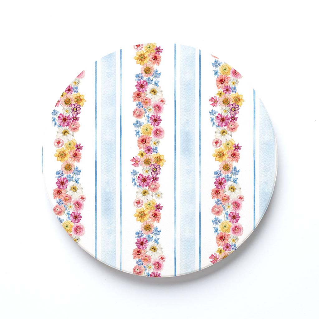 Ceramic Round Coaster-Fantasy Garden Flower Stripes -0