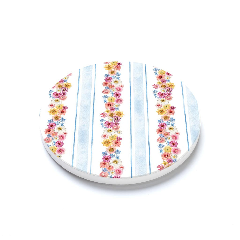 Ceramic Round Coaster-Fantasy Garden Flower Stripes -1