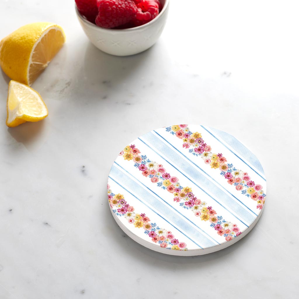 Ceramic Round Coaster-Fantasy Garden Flower Stripes -4