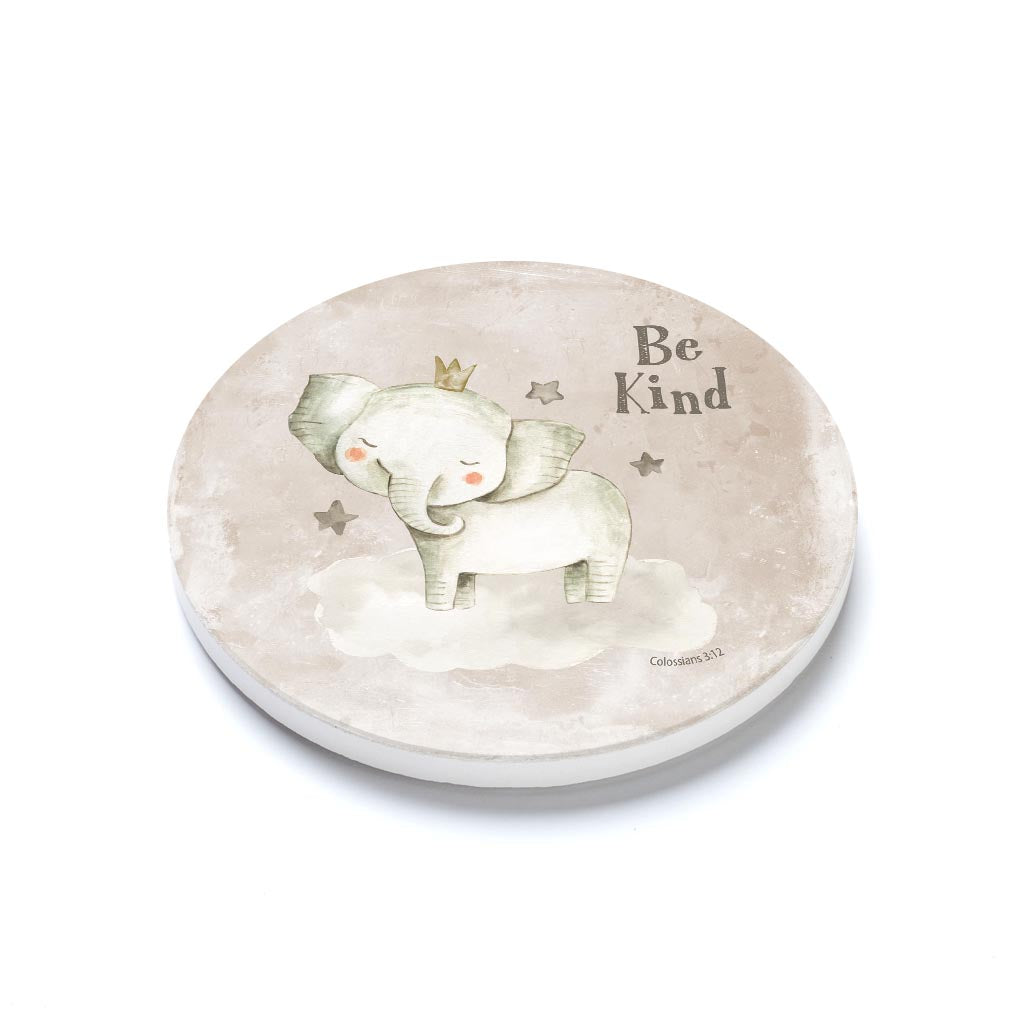 Ceramic Round Coaster-Be Kind Elephant Painted Background