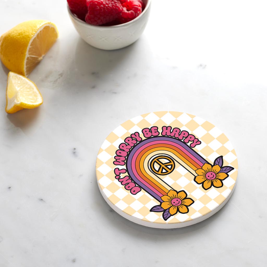 Ceramic Round Coaster-Bright Retro Don't Worry -4