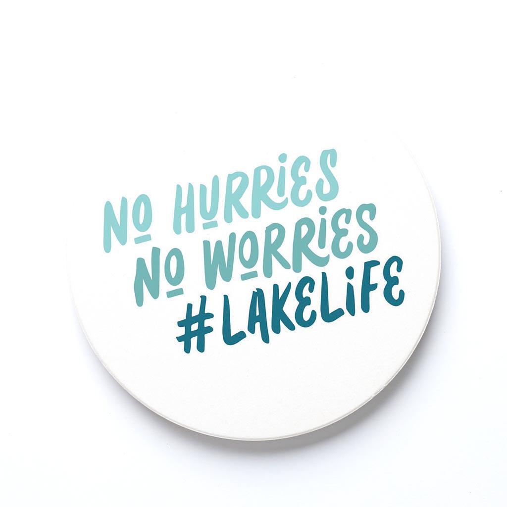 Ceramic Round Coaster-No Hurries No Worries Lake Life -0