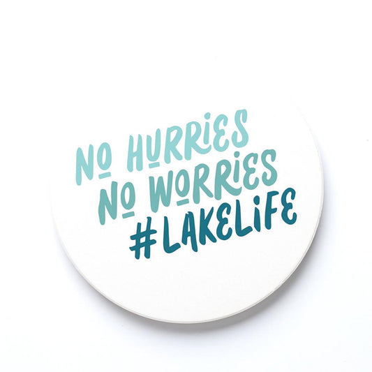 Ceramic Round Coaster-No Hurries No Worries Lake Life -0