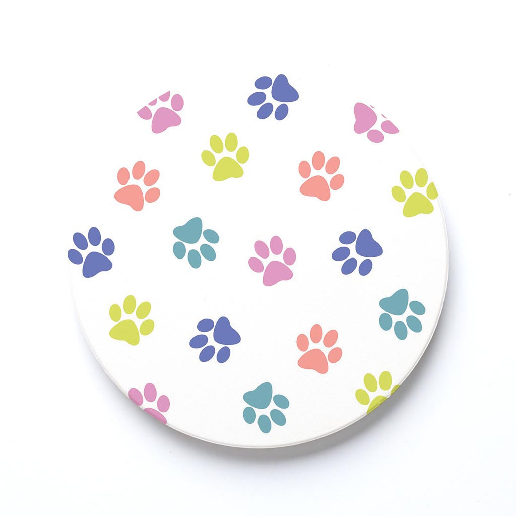 Ceramic Round Coaster-Paw Pattern on White -0