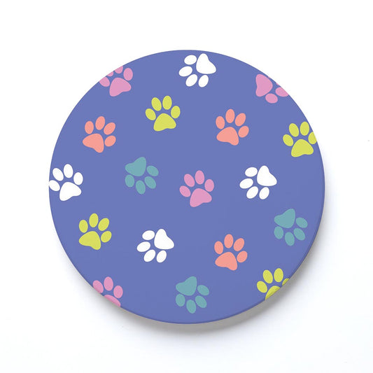 Ceramic Round Coaster-Paw Pattern on Purple -0