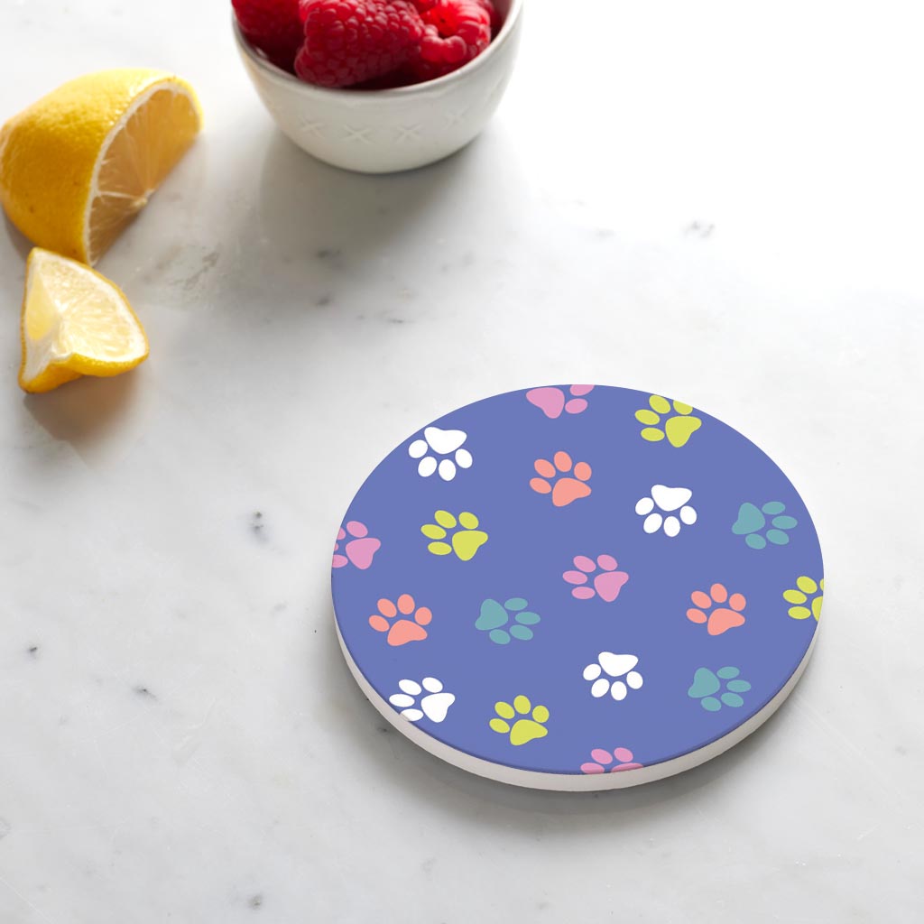 Ceramic Round Coaster-Paw Pattern on Purple -4