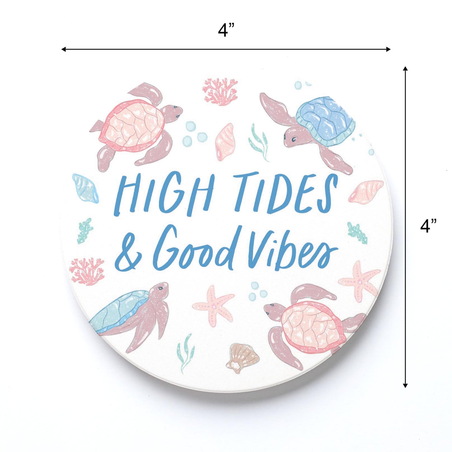 Ceramic Round Coaster-High Tides & Good Vibes Pastel Turtles -3