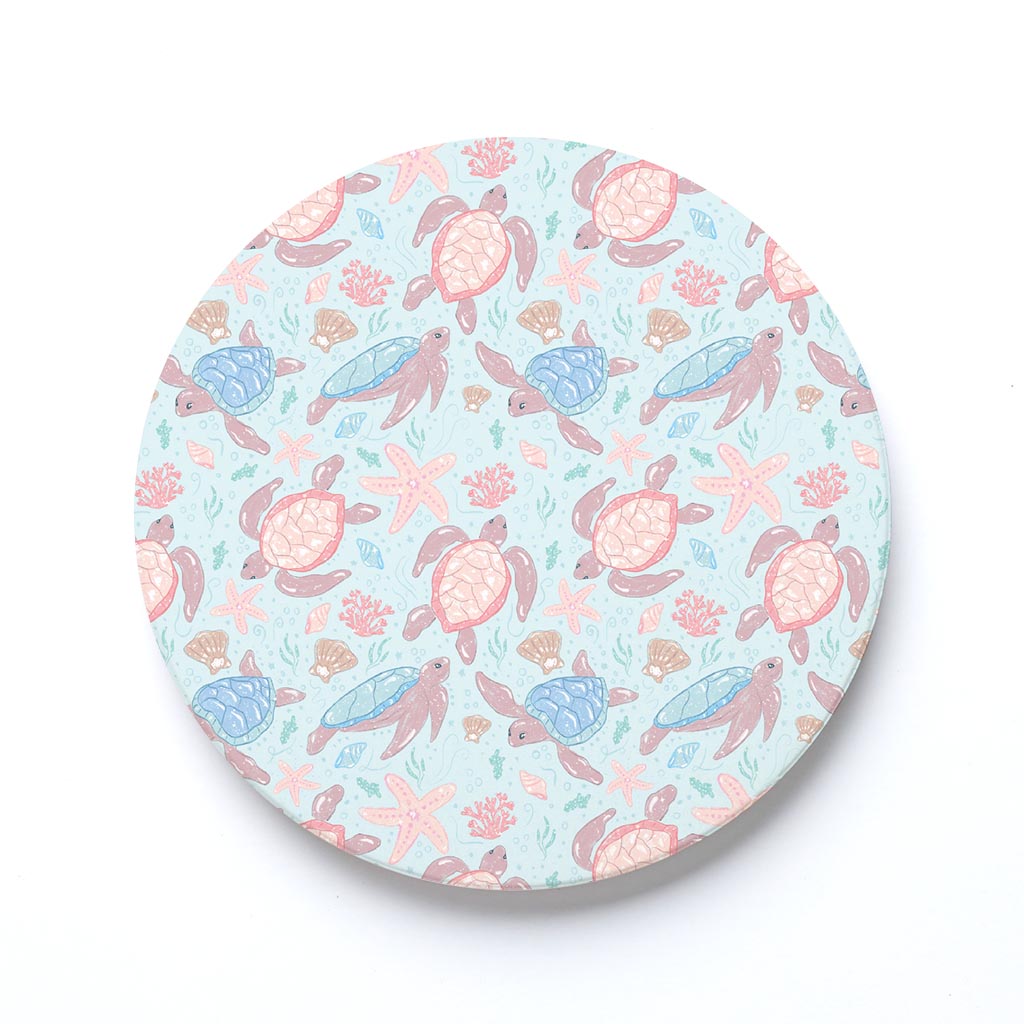 Ceramic Round Coaster-Coastal Sea Turtles Pattern