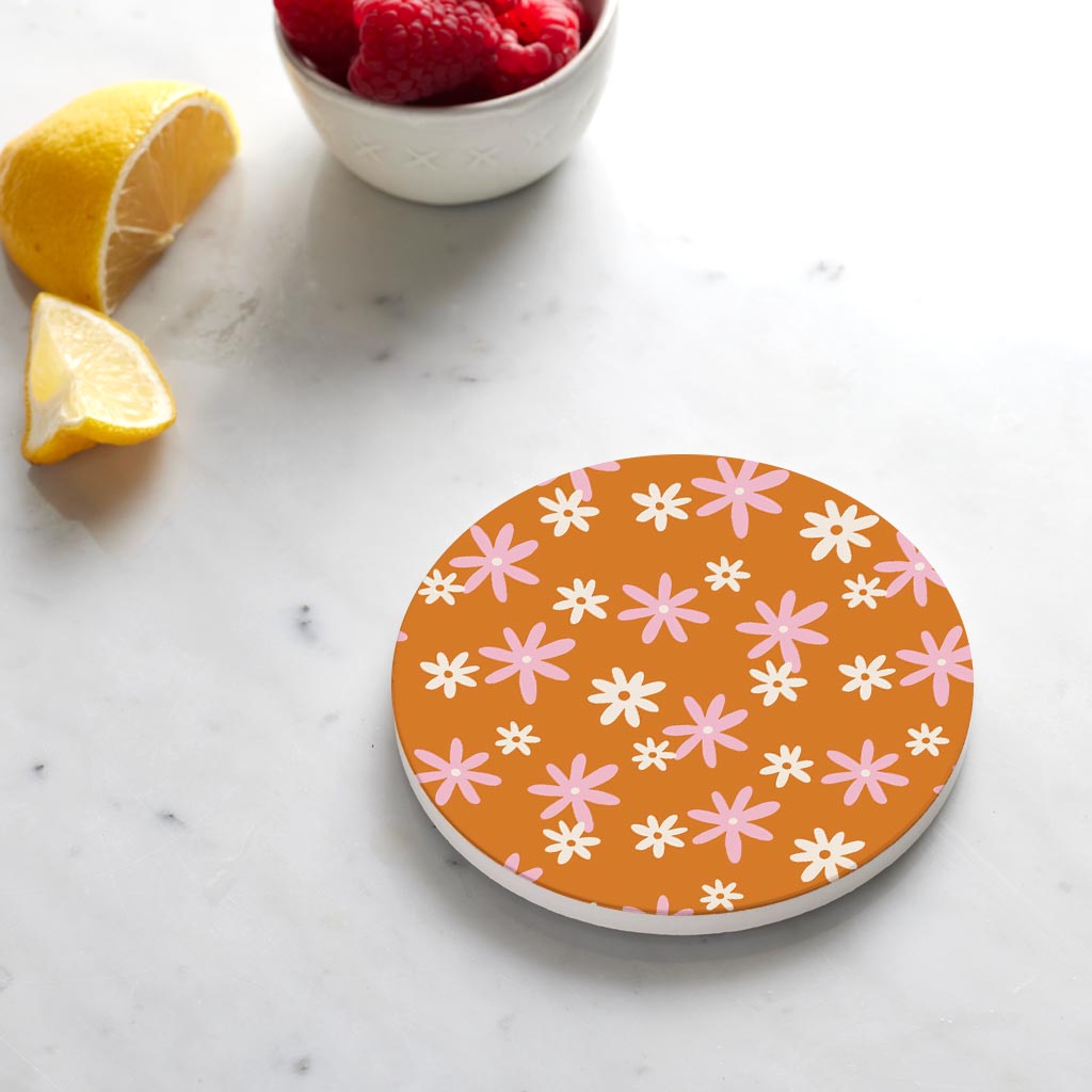 Ceramic Round Coaster-Spring Daisy Floral Pattern