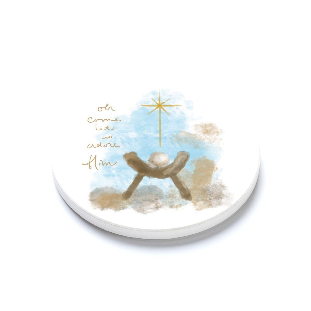 Ceramic Round Coaster-Let Us Adore Him Watercolor Manger