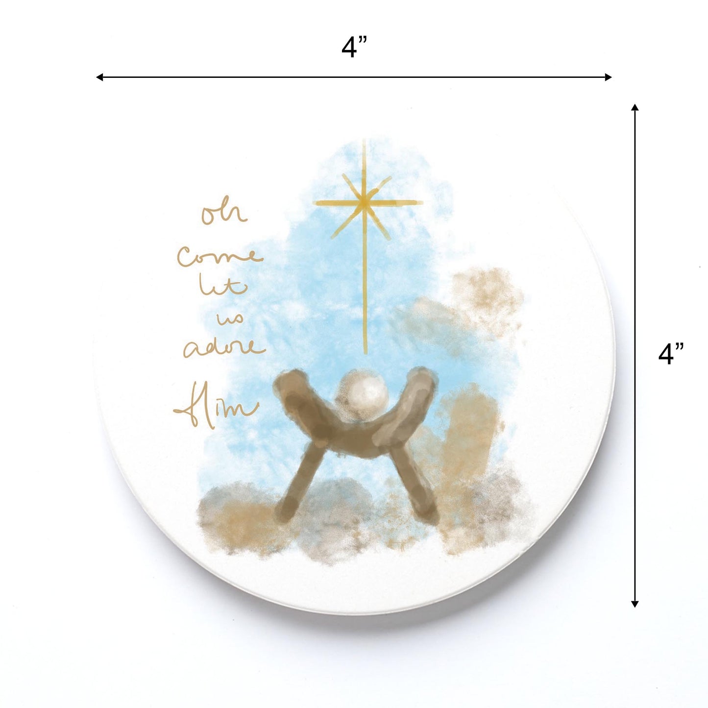 Ceramic Round Coaster-Let Us Adore Him Watercolor Manger