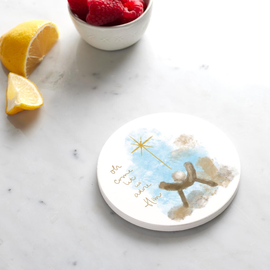 Ceramic Round Coaster-Let Us Adore Him Watercolor Manger