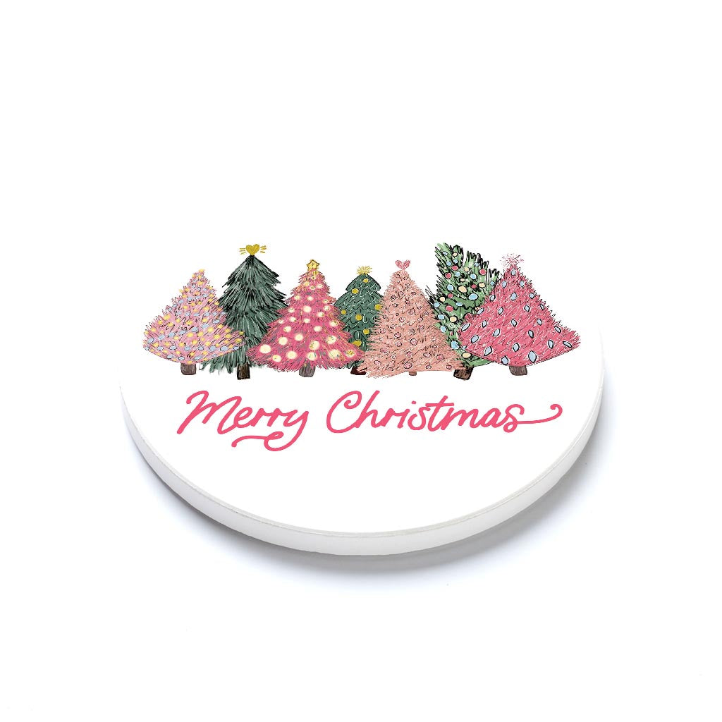 Ceramic Round Coaster-Pink Trees Merry Christmas