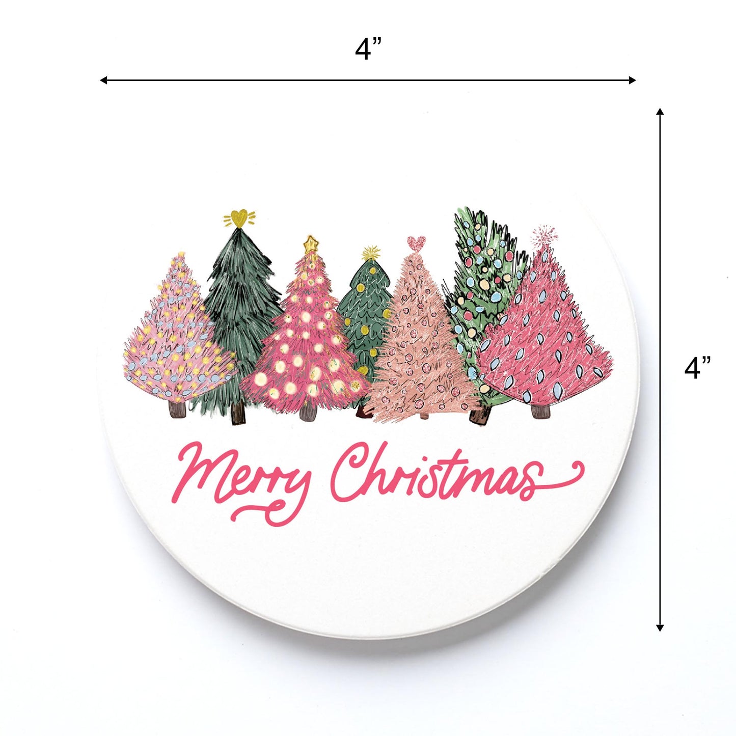 Ceramic Round Coaster-Pink Trees Merry Christmas