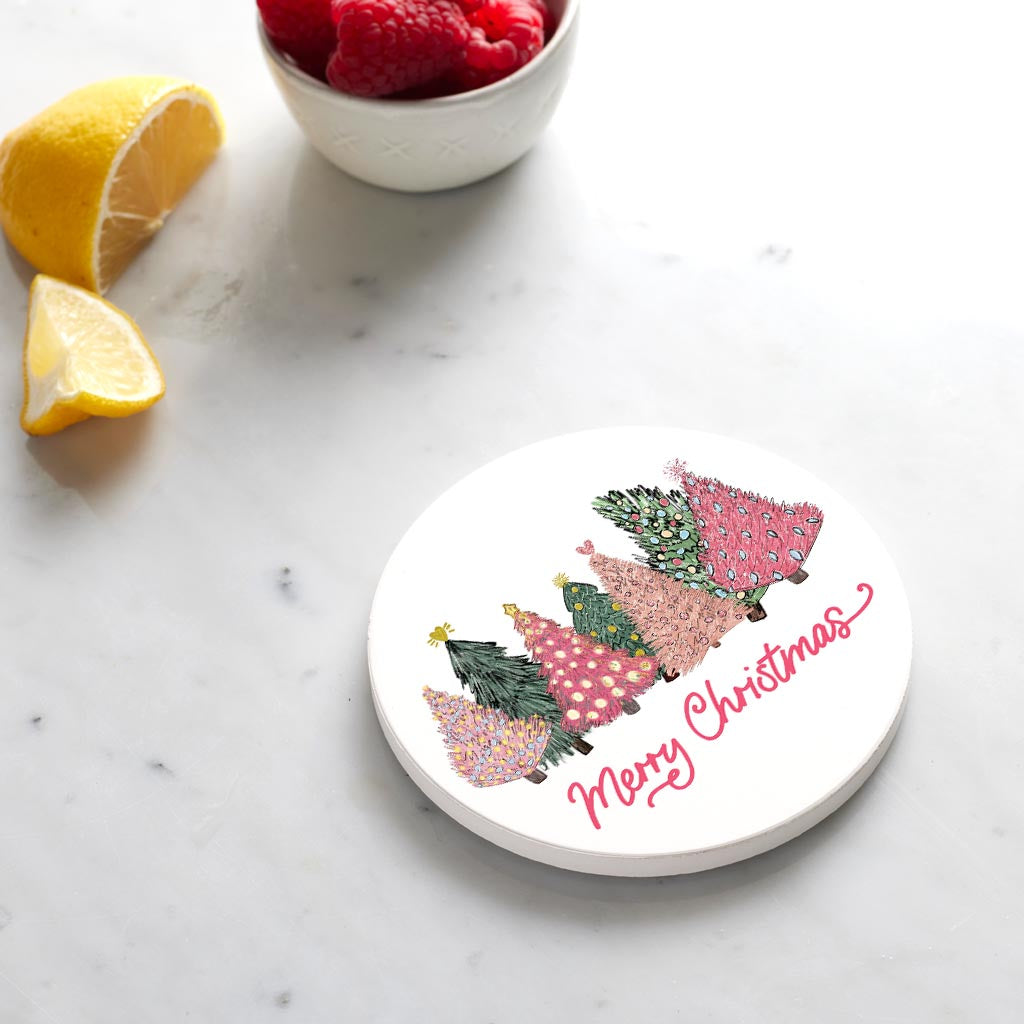 Ceramic Round Coaster-Pink Trees Merry Christmas