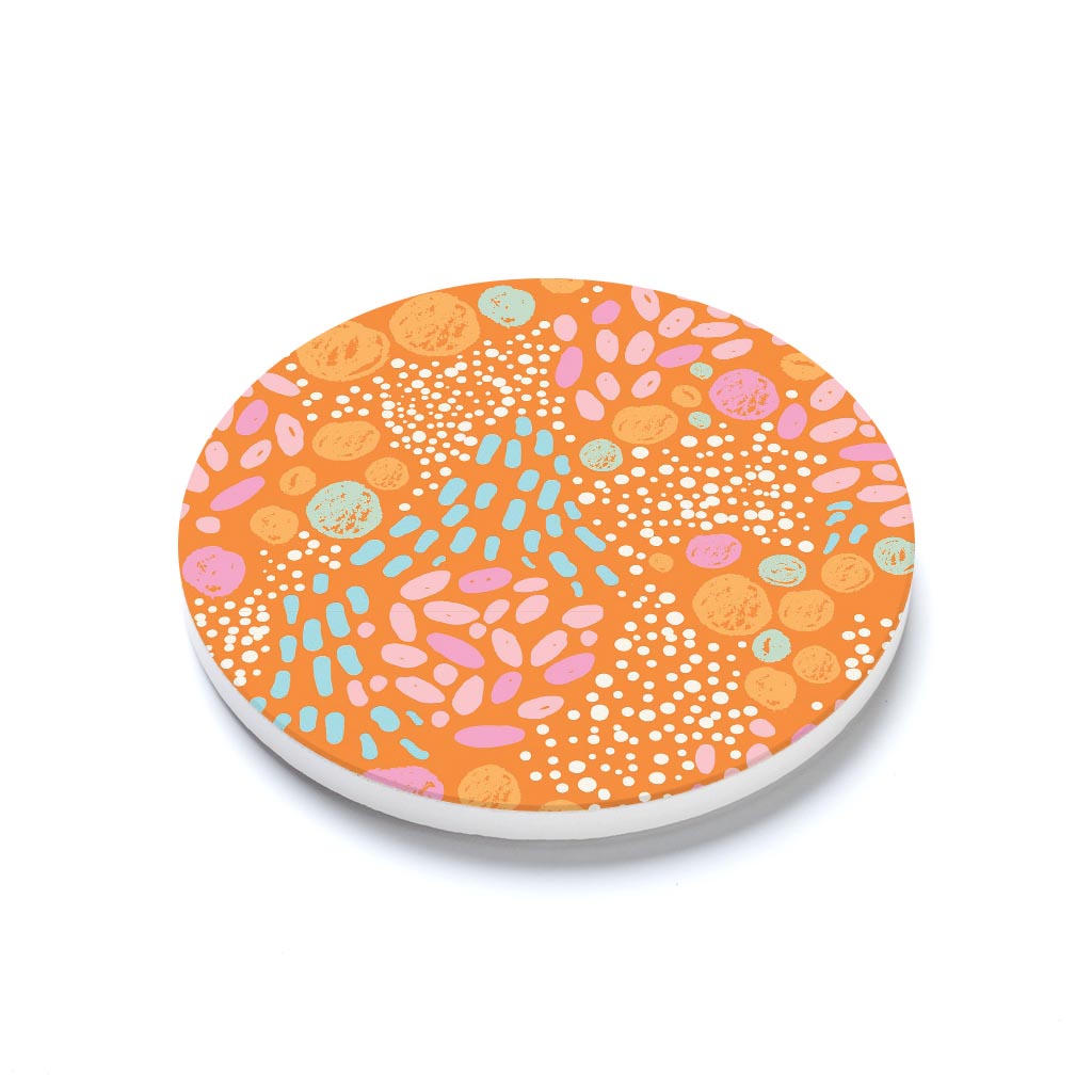 Ceramic Round Coaster-Bright Whimsical Orange Pattern -1