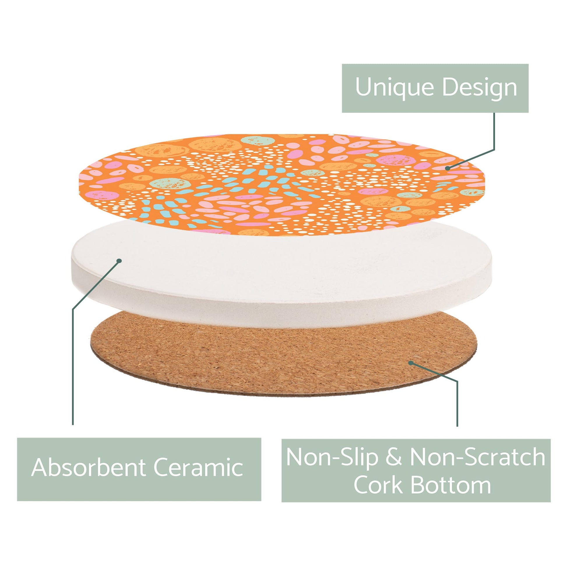 Ceramic Round Coaster-Bright Whimsical Orange Pattern -2