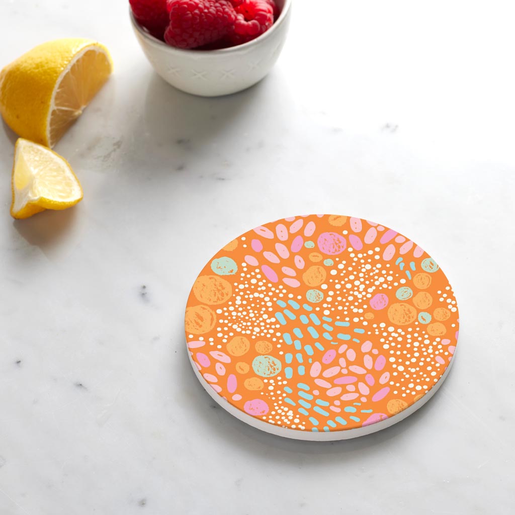 Ceramic Round Coaster-Bright Whimsical Orange Pattern -4