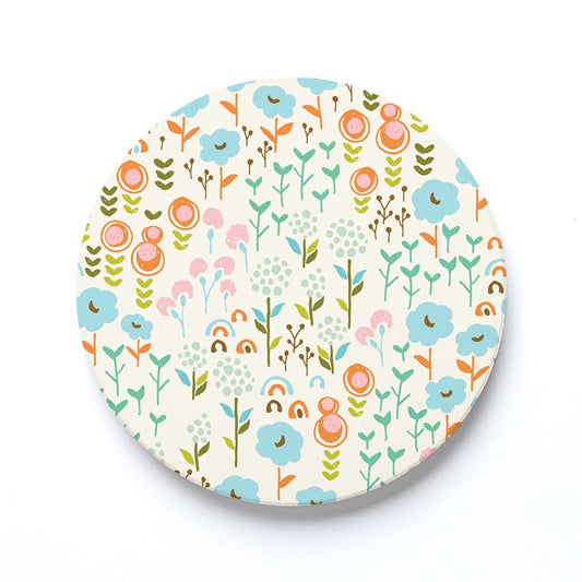 Ceramic Round Coaster-Bright Whimsical Floral Pattern -0