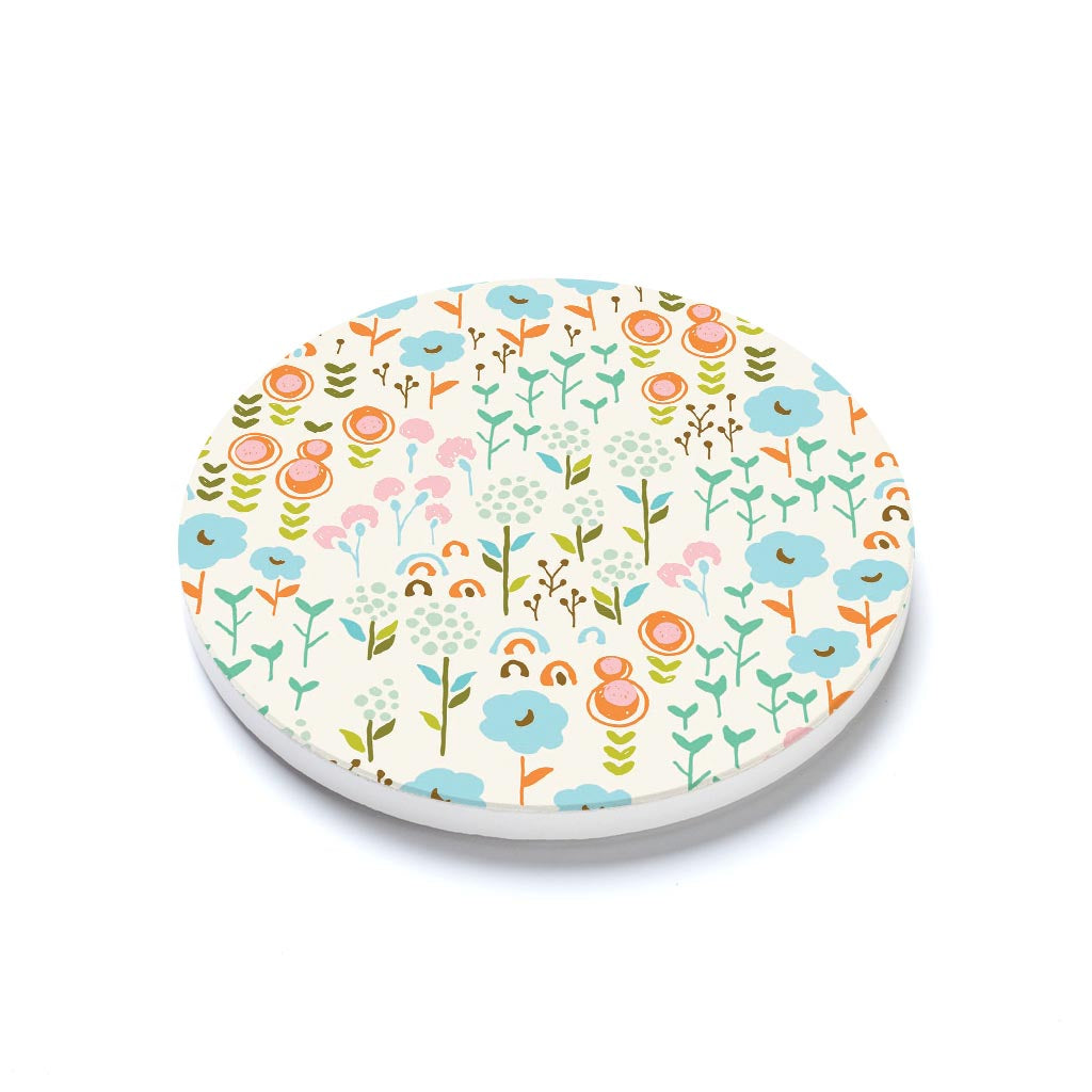Ceramic Round Coaster-Bright Whimsical Floral Pattern -1