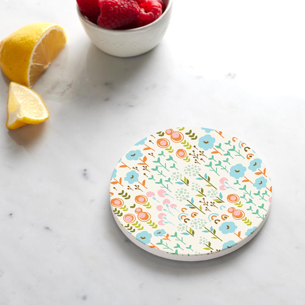 Ceramic Round Coaster-Bright Whimsical Floral Pattern -4
