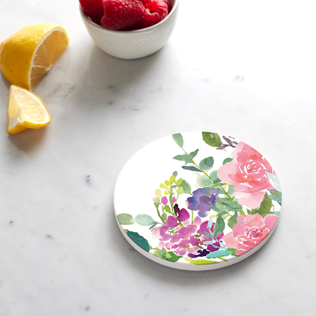 Ceramic Round Coaster-Floral Watercolor Pattern 2 -4