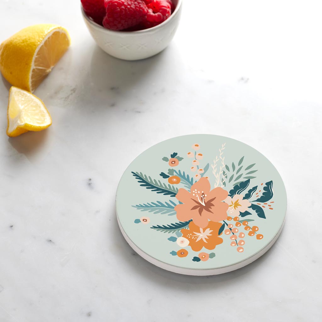 Ceramic Round Coaster-Vintage Florals Blue -4