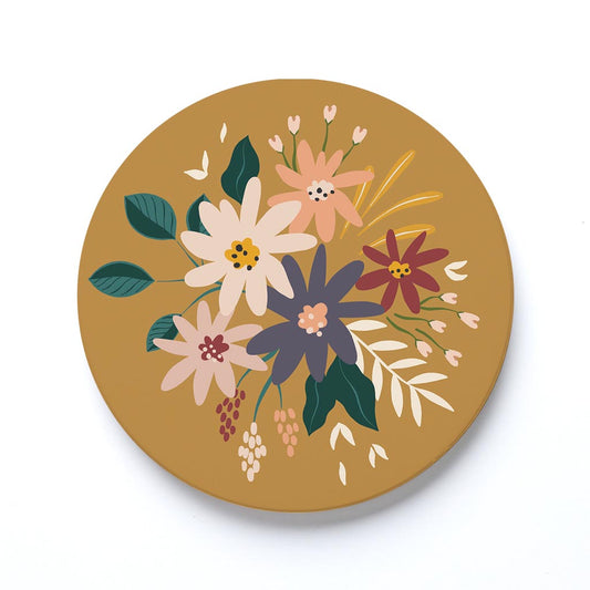 Ceramic Round Coaster-Vintage Florals Yellow -0