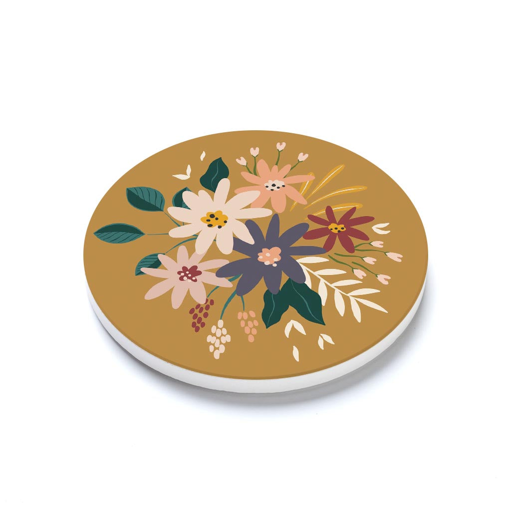 Ceramic Round Coaster-Vintage Florals Yellow -1