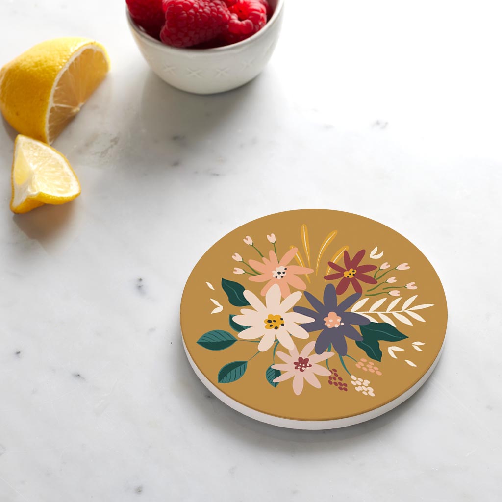 Ceramic Round Coaster-Vintage Florals Yellow -4