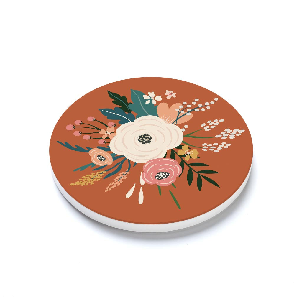 Ceramic Round Coaster-Vintage Florals Maroon -1