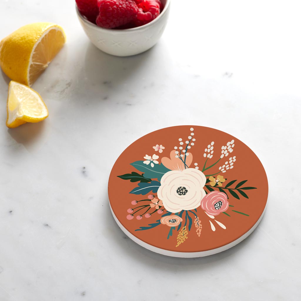 Ceramic Round Coaster-Vintage Florals Maroon -4