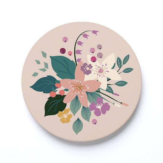 Ceramic Round Coaster-Vintage Florals Tan -0