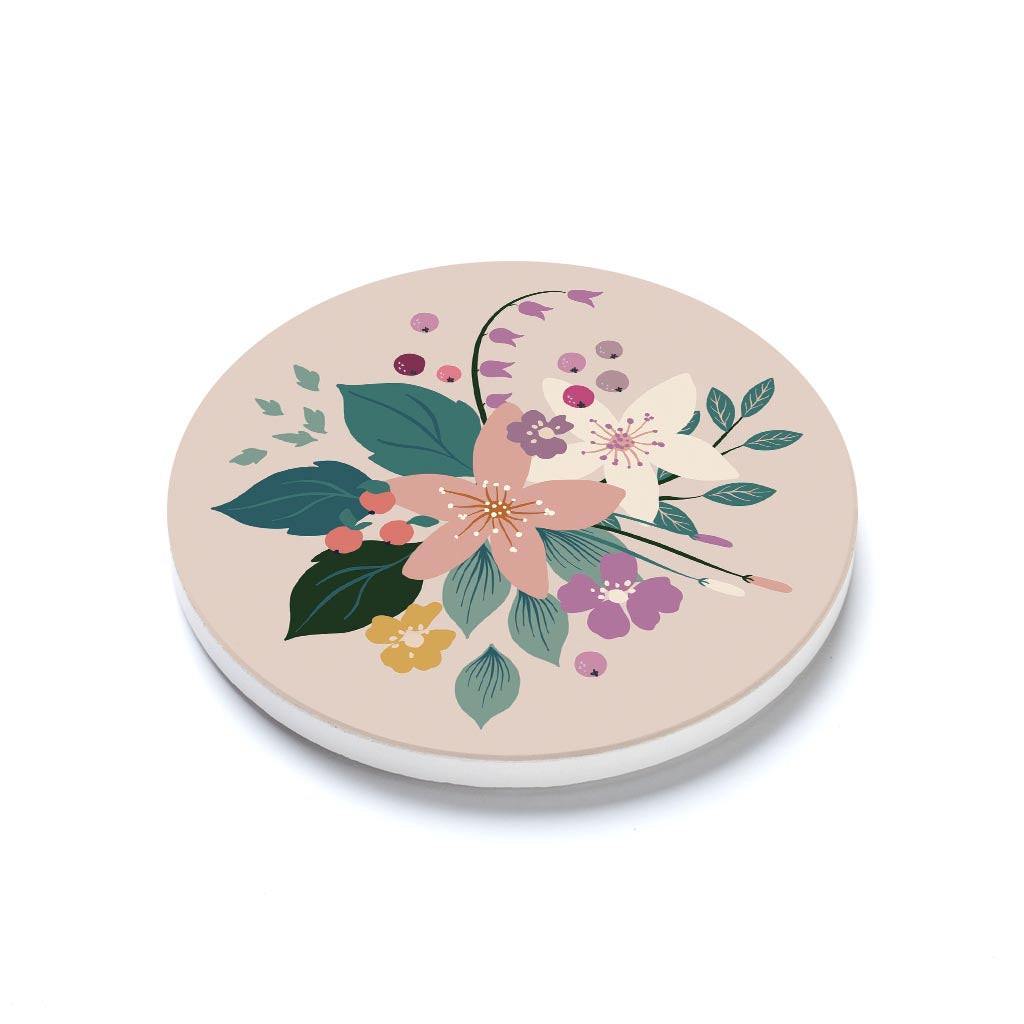 Ceramic Round Coaster-Vintage Florals Tan -1