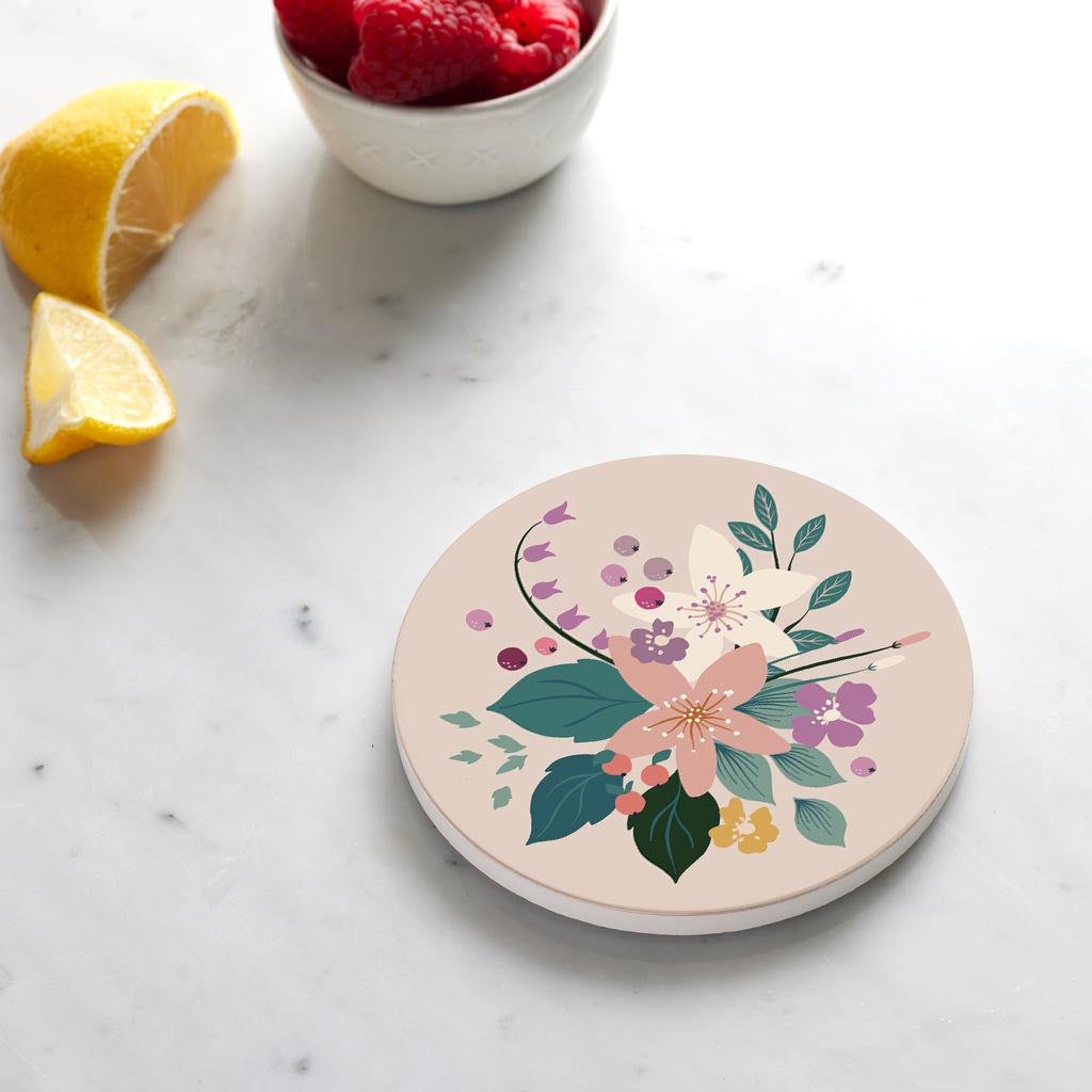 Ceramic Round Coaster-Vintage Florals Tan -4
