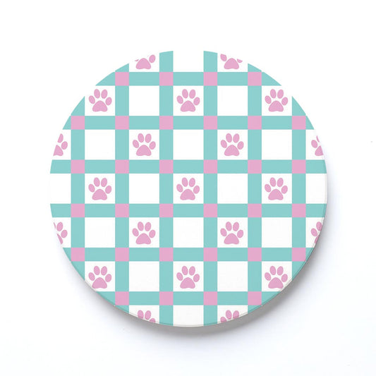 Ceramic Round Coaster-Checker Paw Print Pattern -0