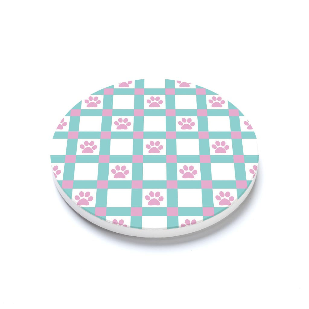 Ceramic Round Coaster-Checker Paw Print Pattern -1