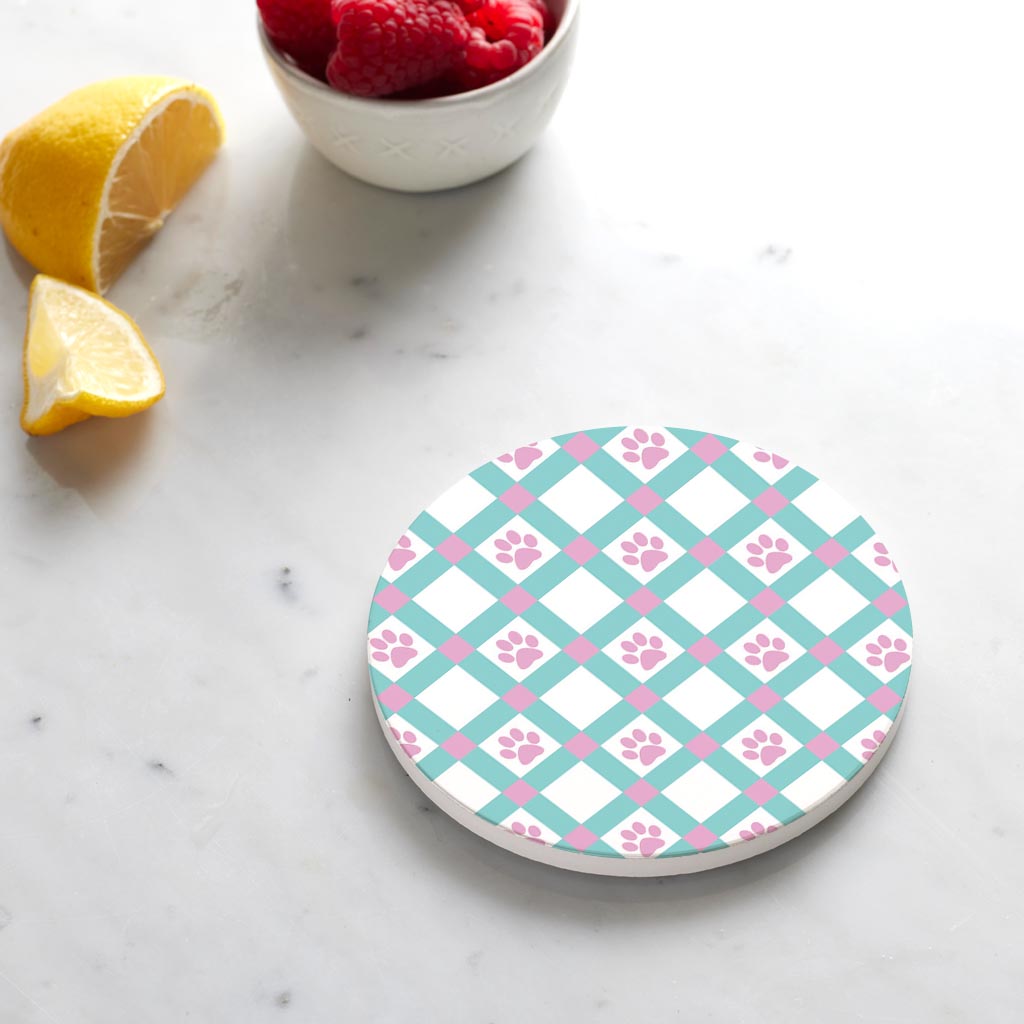 Ceramic Round Coaster-Checker Paw Print Pattern -4