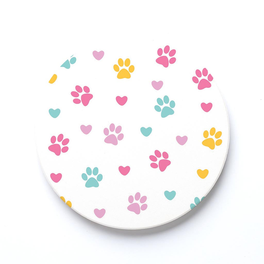 Ceramic Round Coaster-Colorful Heart & Paw Print Pattern -0
