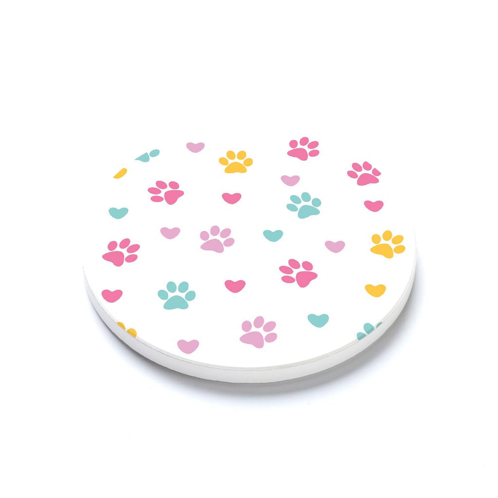 Ceramic Round Coaster-Colorful Heart & Paw Print Pattern -1