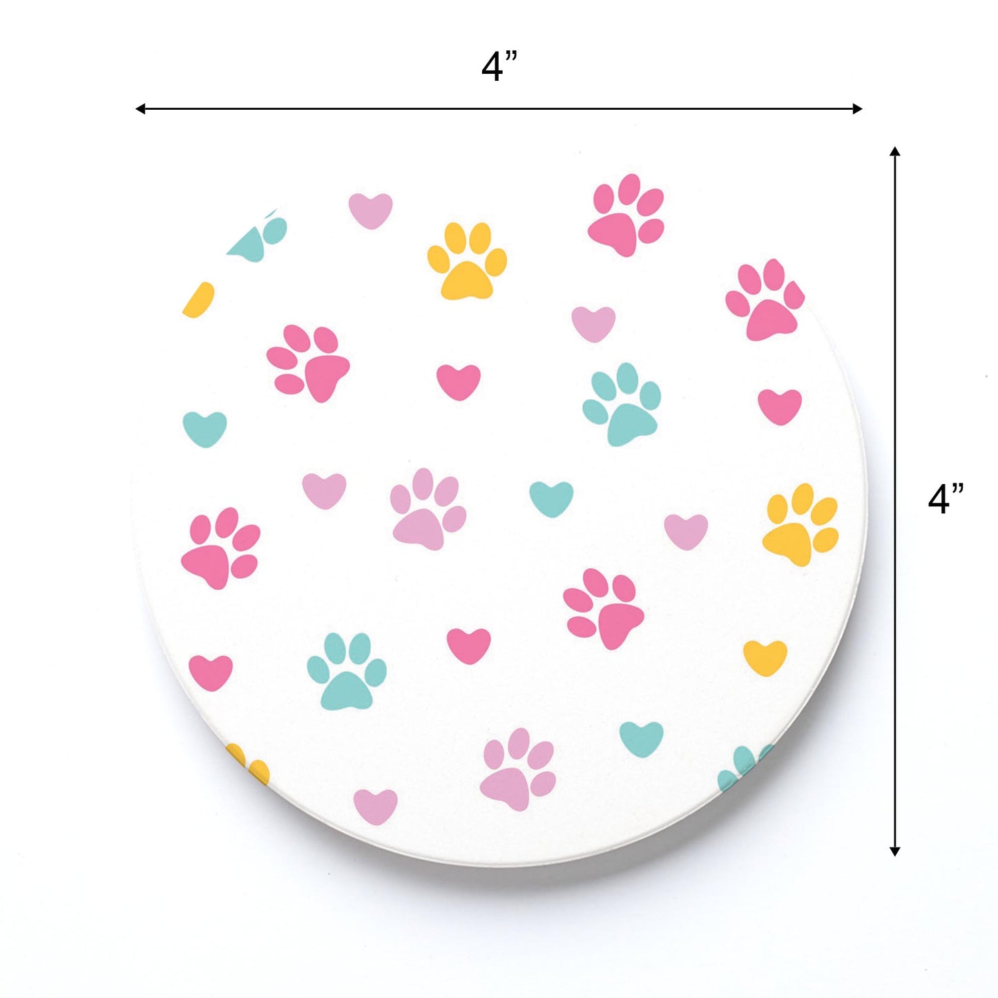 Ceramic Round Coaster-Colorful Heart & Paw Print Pattern -3