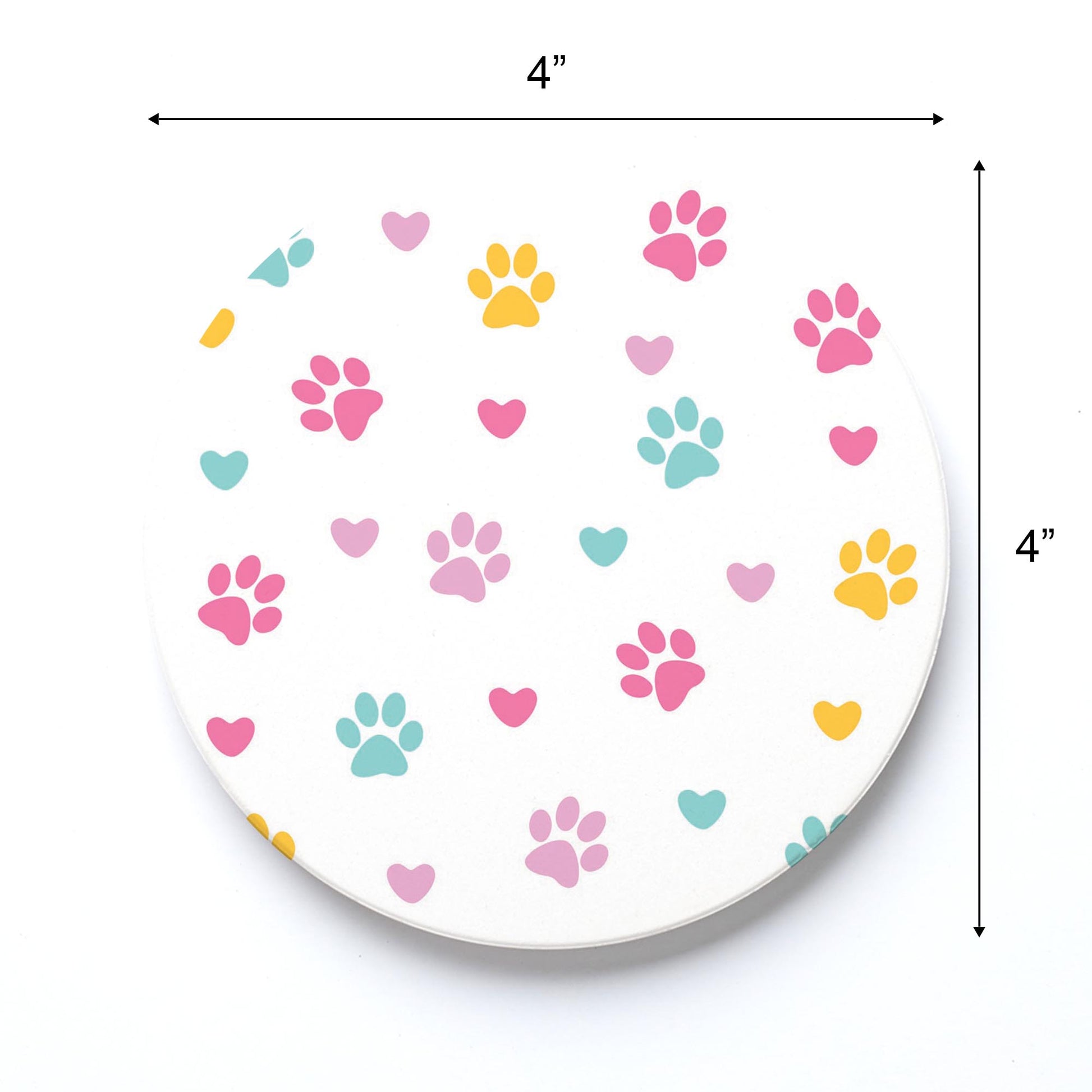 Ceramic Round Coaster-Colorful Heart & Paw Print Pattern -3