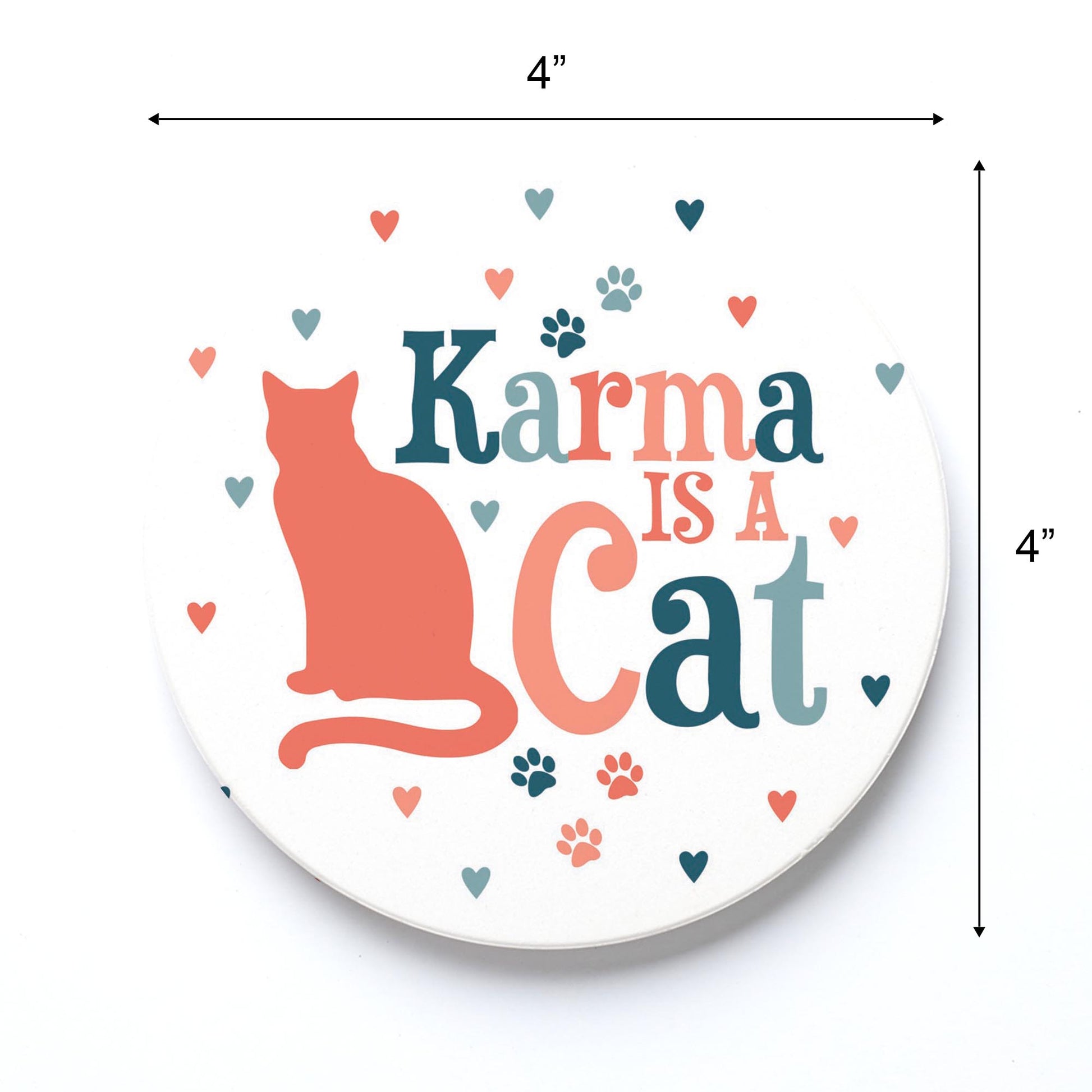 Ceramic Round Coaster-Karma Is A Cat Paw Prints & Hearts -3
