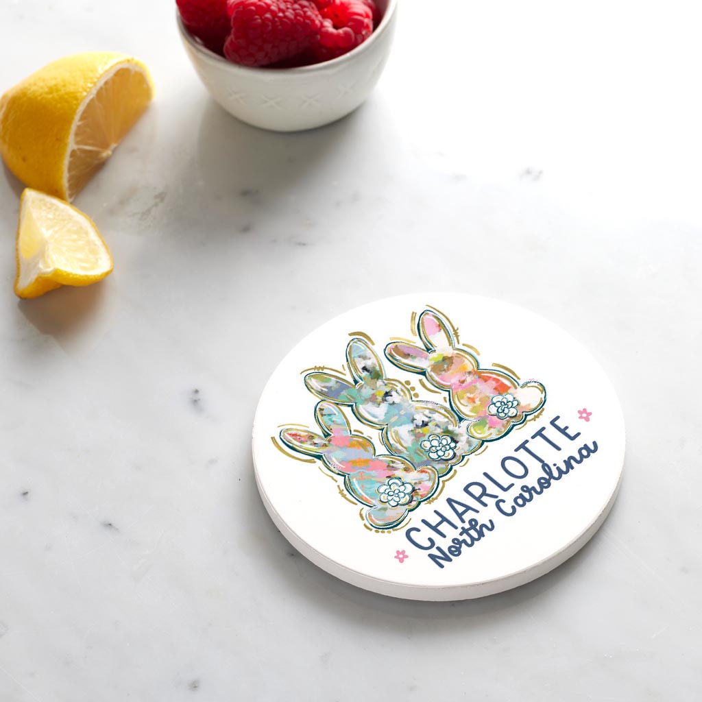Ceramic Round Coaster-Love+Local Watercolor Easter Bunny Trio -3